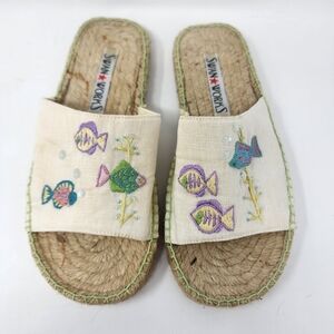 Swan Works Embroidered Fish Slide Sandals Size 5